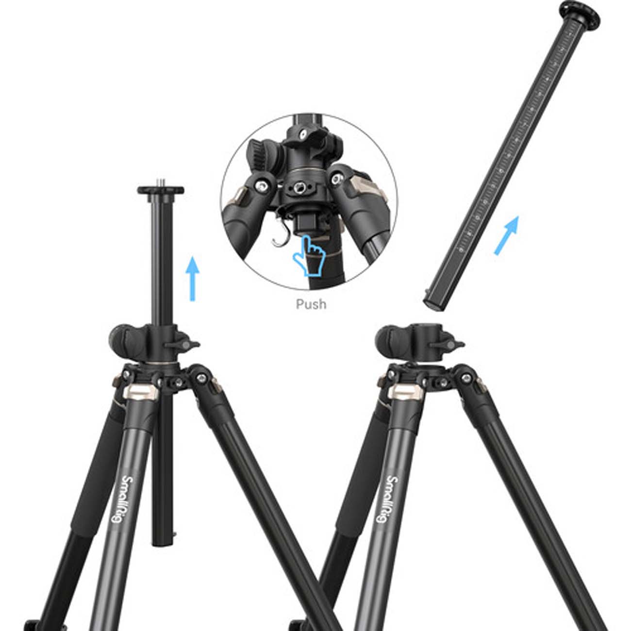 نمای کاربردی از سه پایه دوربین عکاسی SmallRig CT200 Lateral Center Column Aluminum Tripod with Ball 