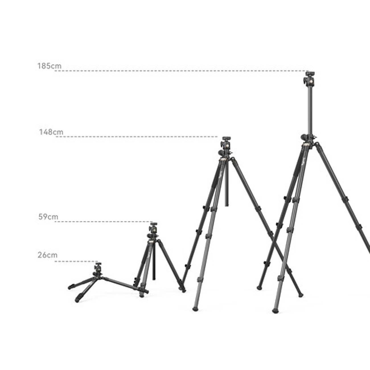 نمای اندازه سه پایه دوربین اسمال ریگ SmallRig CT200 Lateral Center Column Aluminum Tripod with Ball 