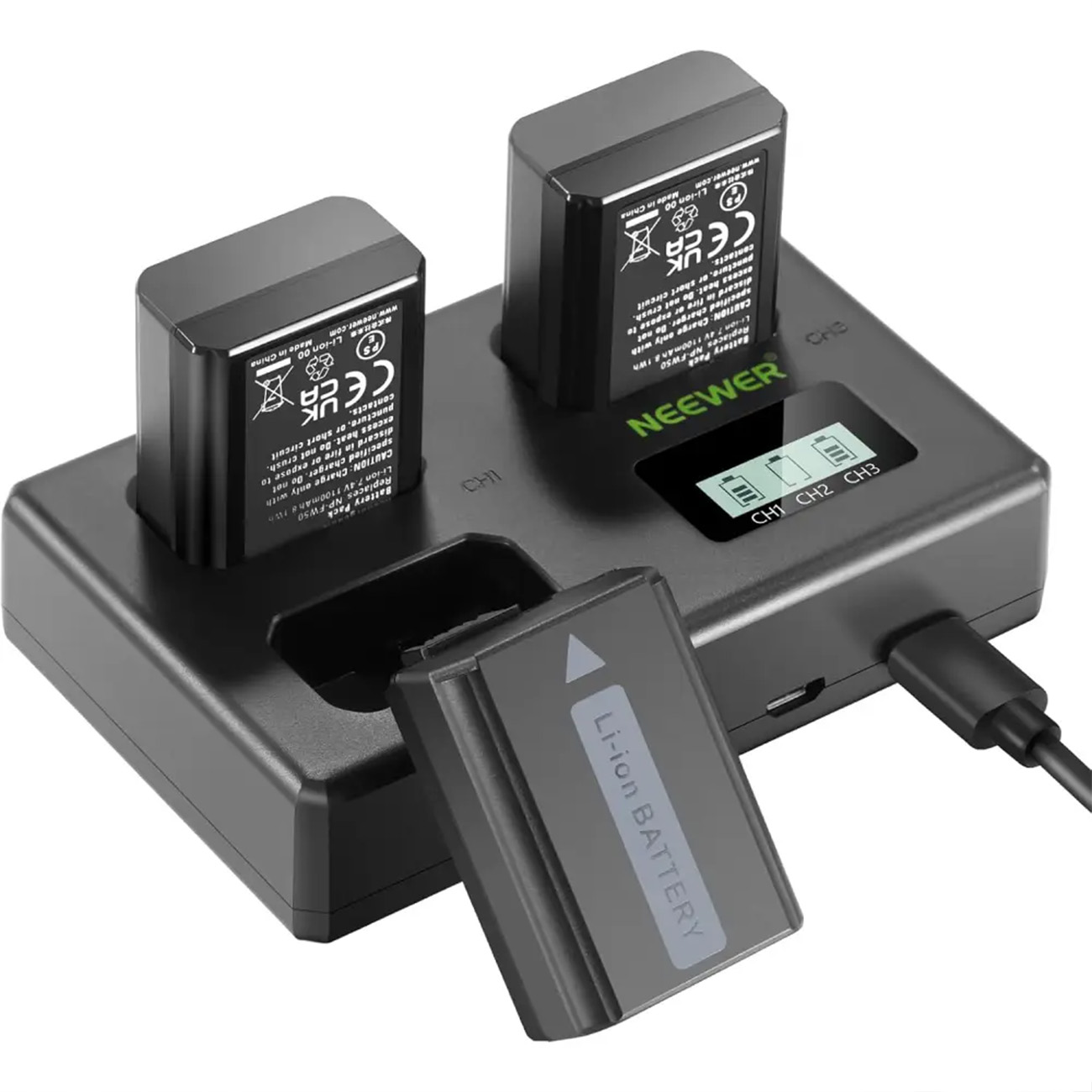 نمای کامل شارژر و باتری دوربین نیور NEEWER NP FW50 1100MAH NP FW50Batttery And Trio Charger