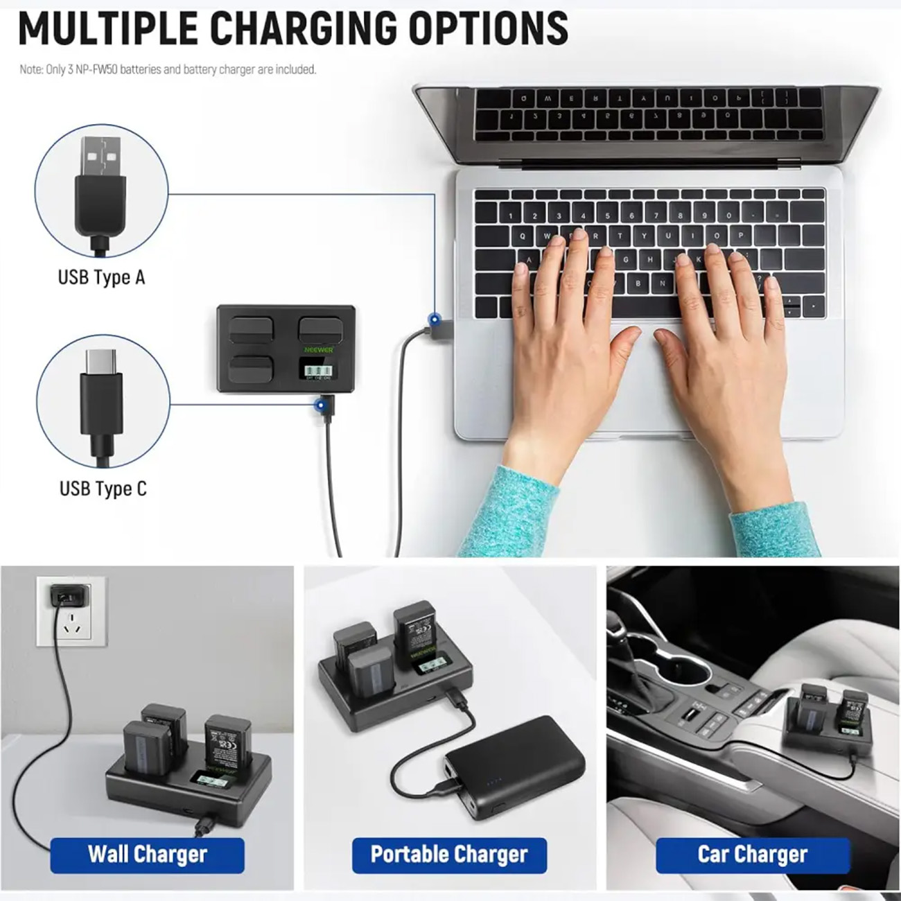 اتصال شارژر دوربین نیور NEEWER NP FW50 1100MAH NP FW50Batttery And Trio Charger
