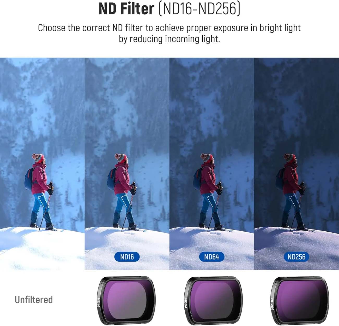 نمای کاربردی از فیلتر ان دی Neewer FL-P5 4-Pack Magnetic ND Filter Set for DJI Osmo Pocket 3