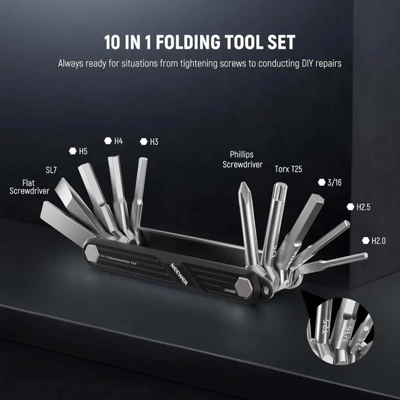 نمای کاربردی مجموعه ابزار تاشو ۱۰ کاره Neewer UA048B 10-in-1 Folding Tool Set with Screwdrivers and 