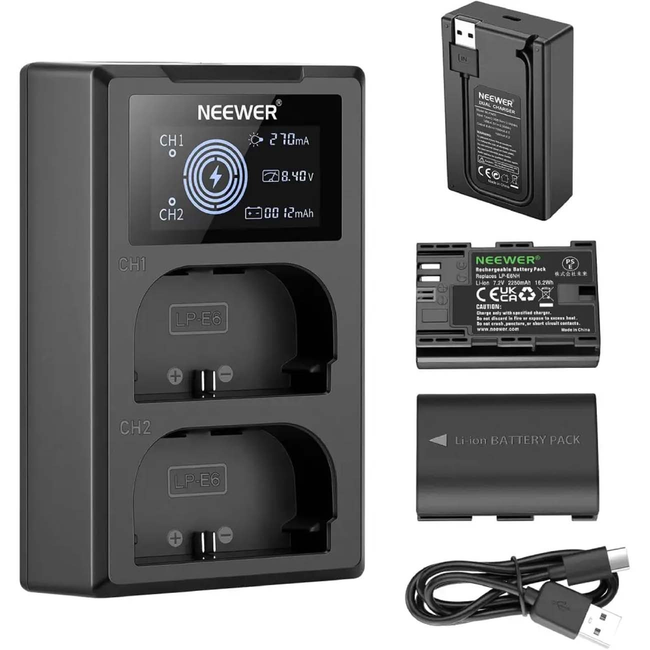 شارژر و باتری دوربین نیور Neewer LP-E6NH 2-Pcs 2250mAh Battery with Dual USB LCD Screen Charger