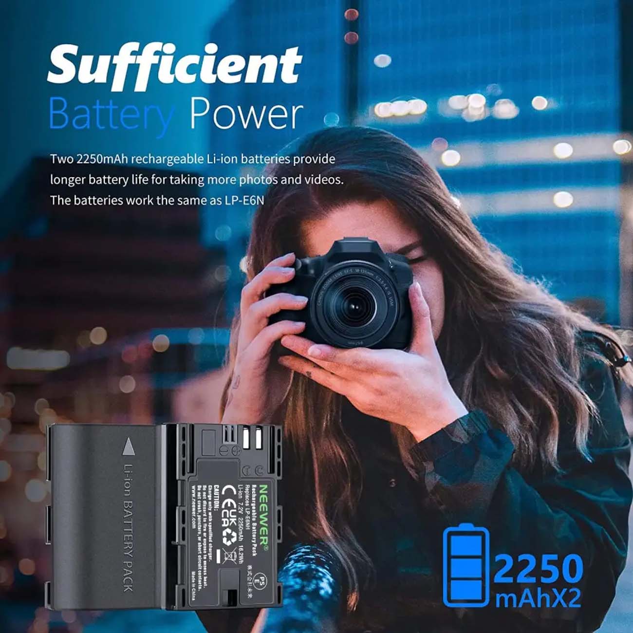 نمای کاربردی شارژر دوگانه و باتری دوربین نیور Neewer LP-E6NH 2-Pcs 2250mAh Battery with Dual USB LCD