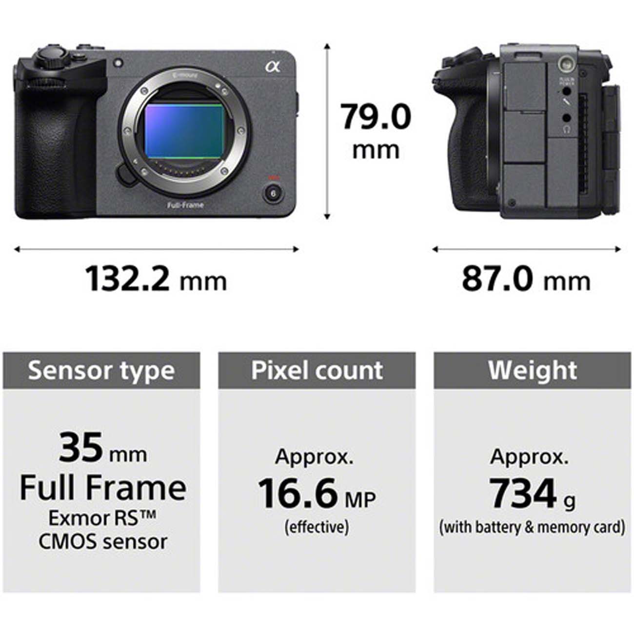 نمای ابعاد دوربین سینمایی سونی Sony FX5 Cinema Camera