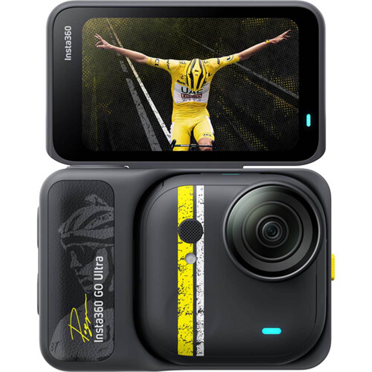 نمای روبه رو دوربین اکشن اینستا۳۶۰ Insta360 GO Ultra Tadej Pogačar Edition Action Camera Tour Yellow