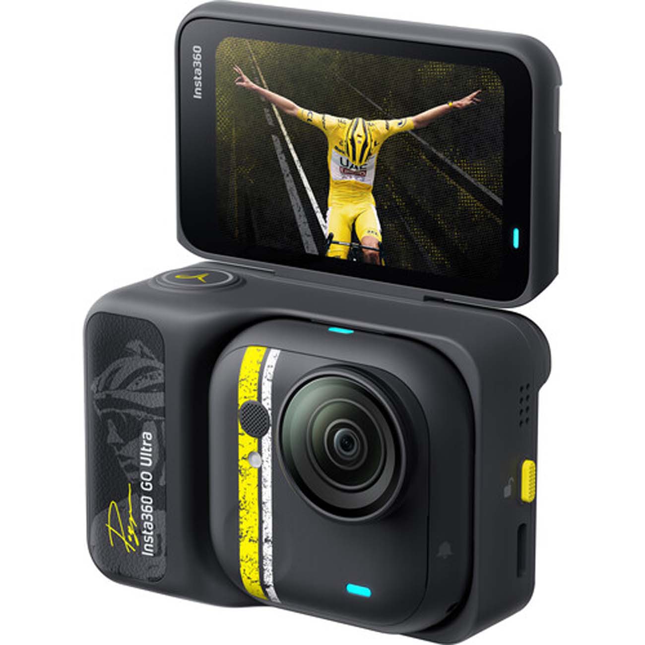 نمای جانبی دوربین اکشن اینستا۳۶۰ Insta360 GO Ultra Tadej Pogačar Edition Action Camera Tour Yellow