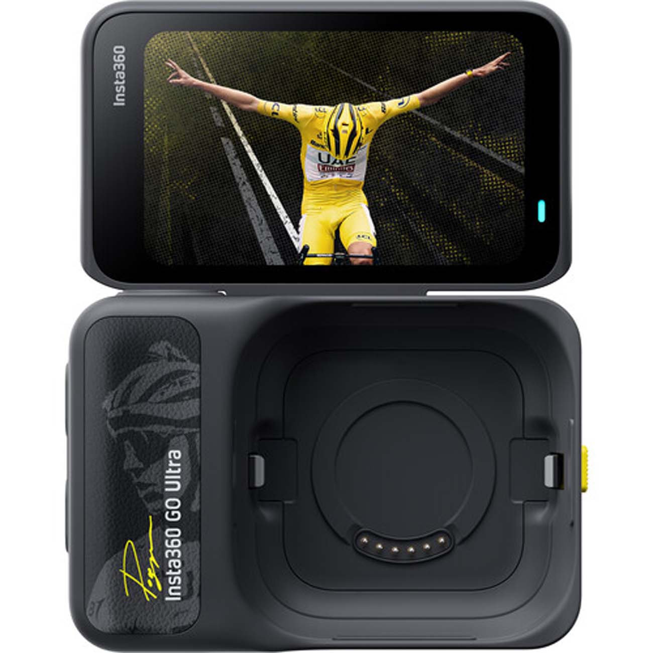 نمای کاربردی دوربین اکشن اینستا۳۶۰ Insta360 GO Ultra Tadej Pogačar Edition Action Camera Tour Yellow