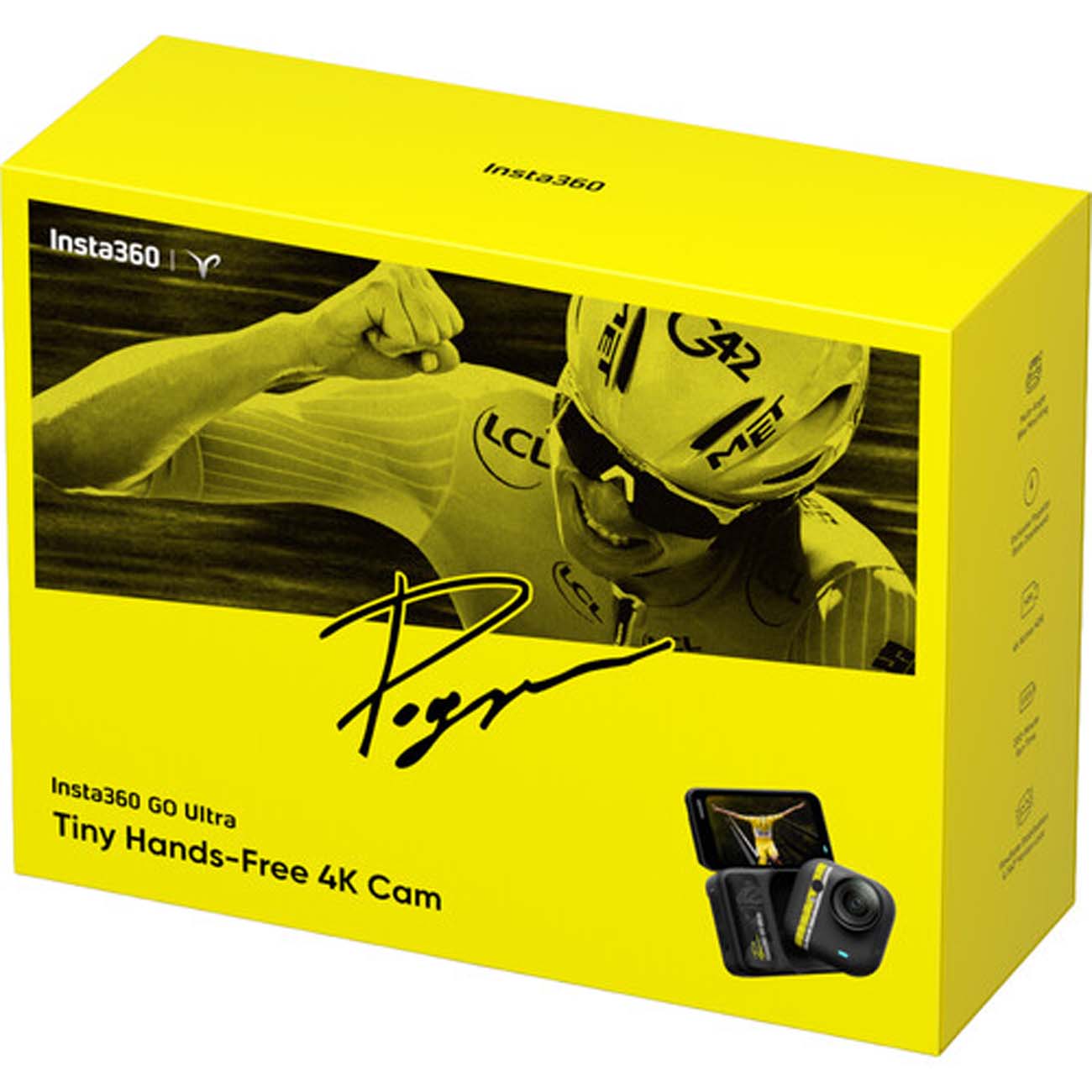 نمای جعبه دوربین اکشن اینستا۳۶۰ Insta360 GO Ultra Tadej Pogačar Edition Action Camera Tour Yellow