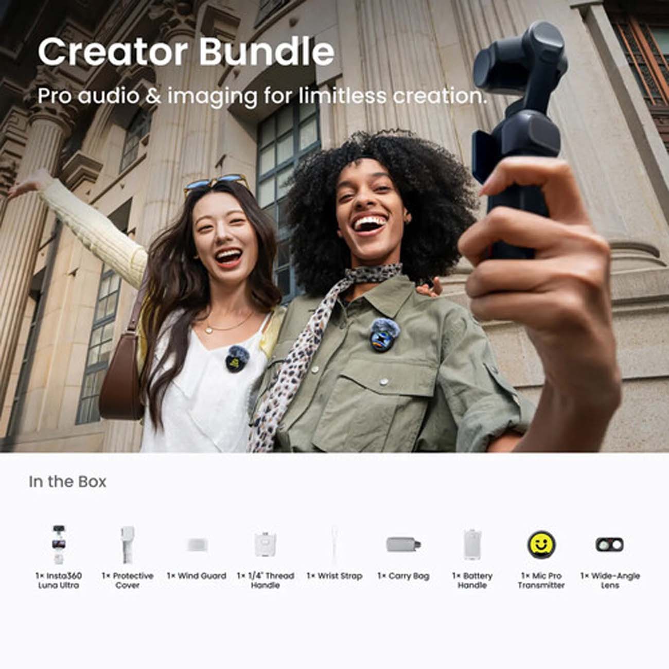 نمای کاربردی دوربین اینستا360 Insta360 Luna Ultra Creator Bundle AI Gimbal Camera Black