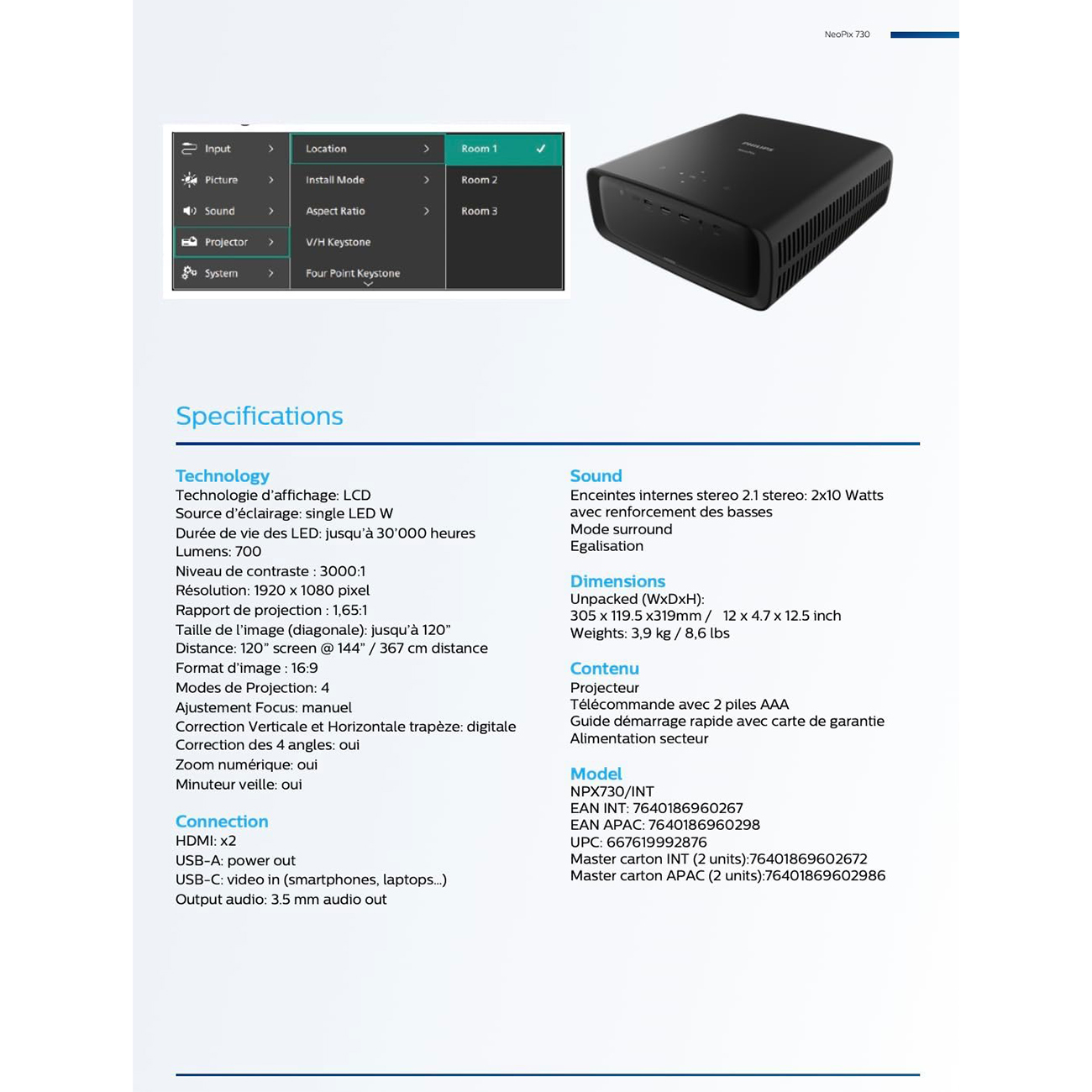 عکس از ویژگی های ویدئو پروژکتور نئوپیکس فیلیپس Philips NeoPix 730 Full HD Video Projector