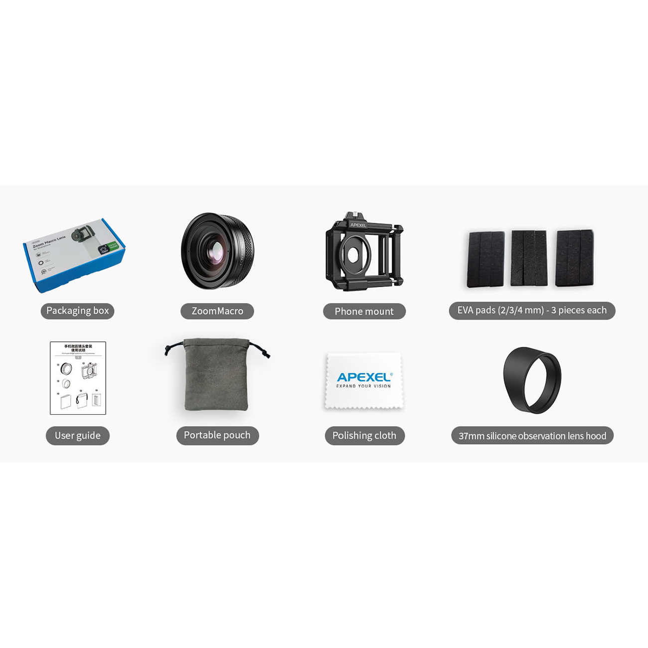 عکس از محتویات لنز موبایل اپکسل Apexel APL-ZM100 Zoom Macro Clip-on Lens