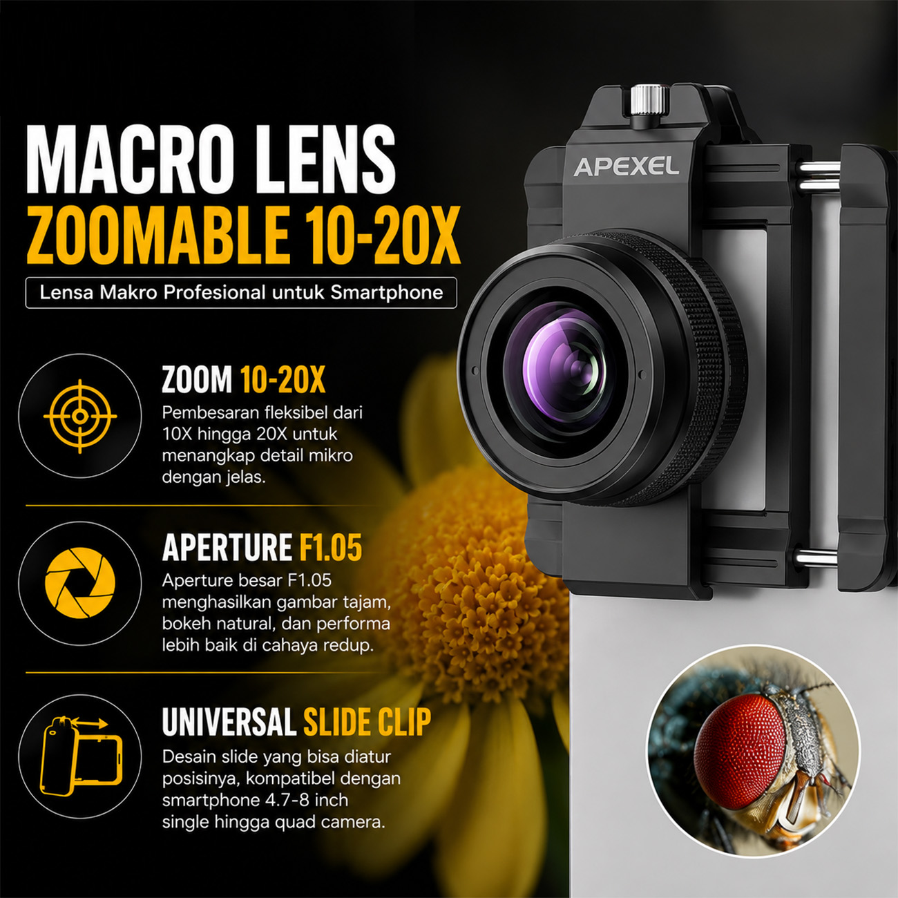 عکس از جزئیات لنز موبایل اپکسل Apexel APL-ZM100 Zoom Macro Clip-on Lens