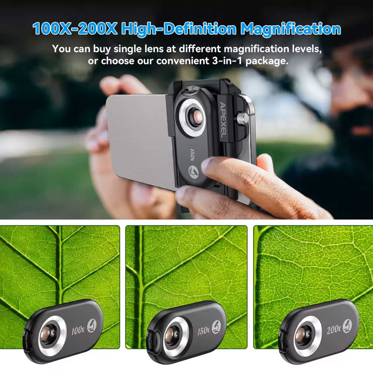 عکس در حال استفاده از لنز موبایل 3 در 1 اپکسل Apexle Phonemicro 5 3in1 Mobile Lens
