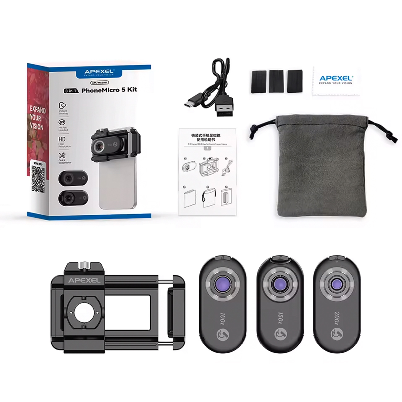 عکس از محتویات لنز موبایل 3 در 1 اپکسل Apexle Phonemicro 5 3in1 Mobile Lens