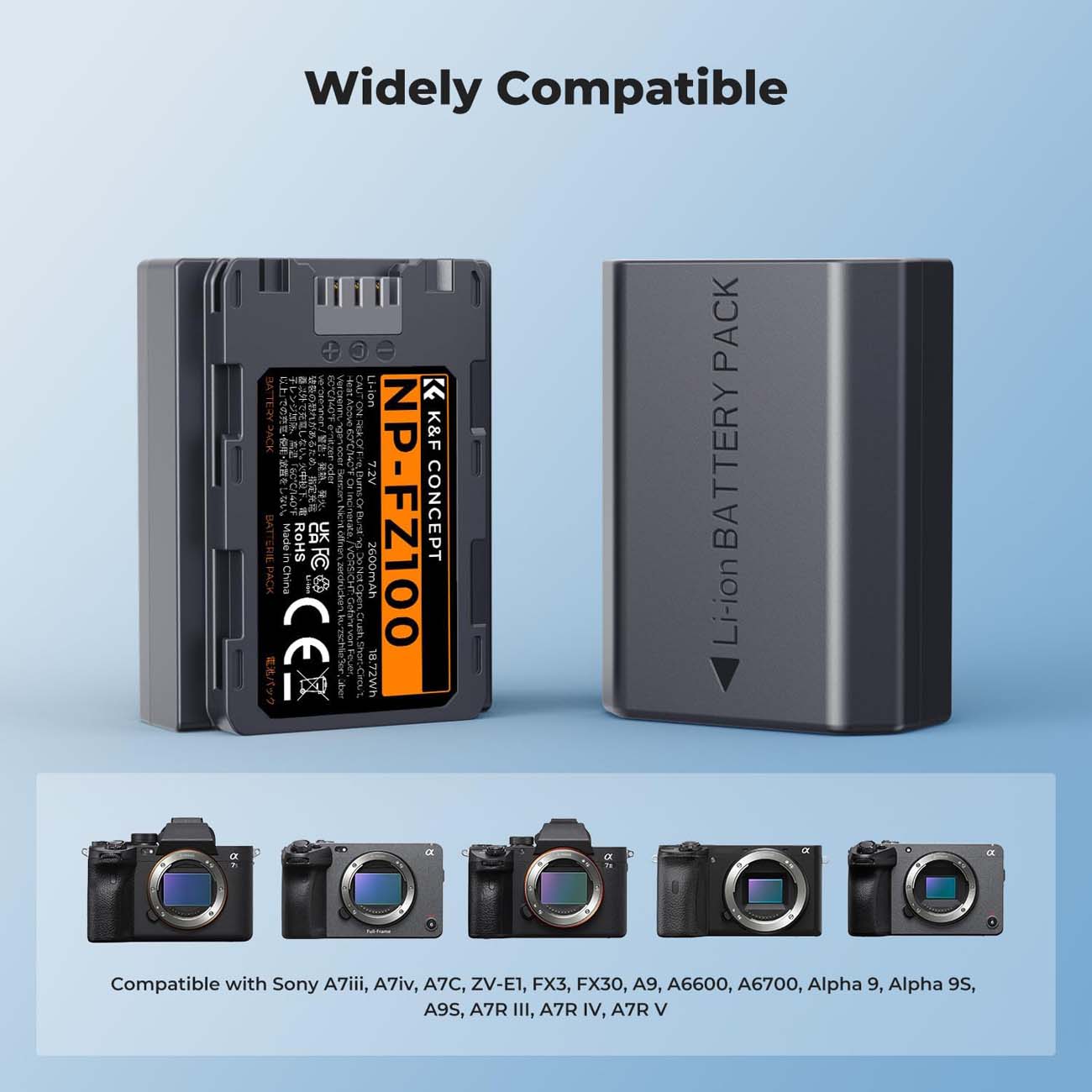 نمای کاربردی باتری و شارژر K&F CONCEPT NP-FZ100 2600mAh Battery and Dual-Slot LCD Charger Set for So