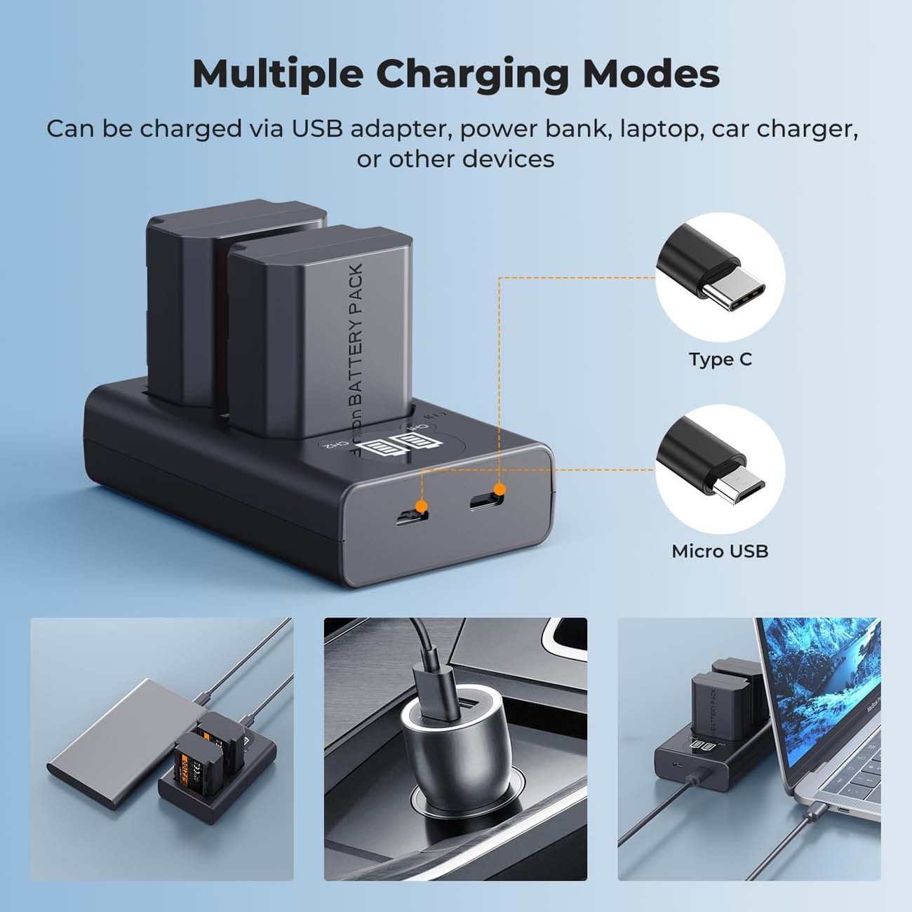 نمای کاربردی باتری و شارژر کی اند اف K&F CONCEPT NP-FZ100 2600mAh Battery and Dual-Slot LCD Charger 