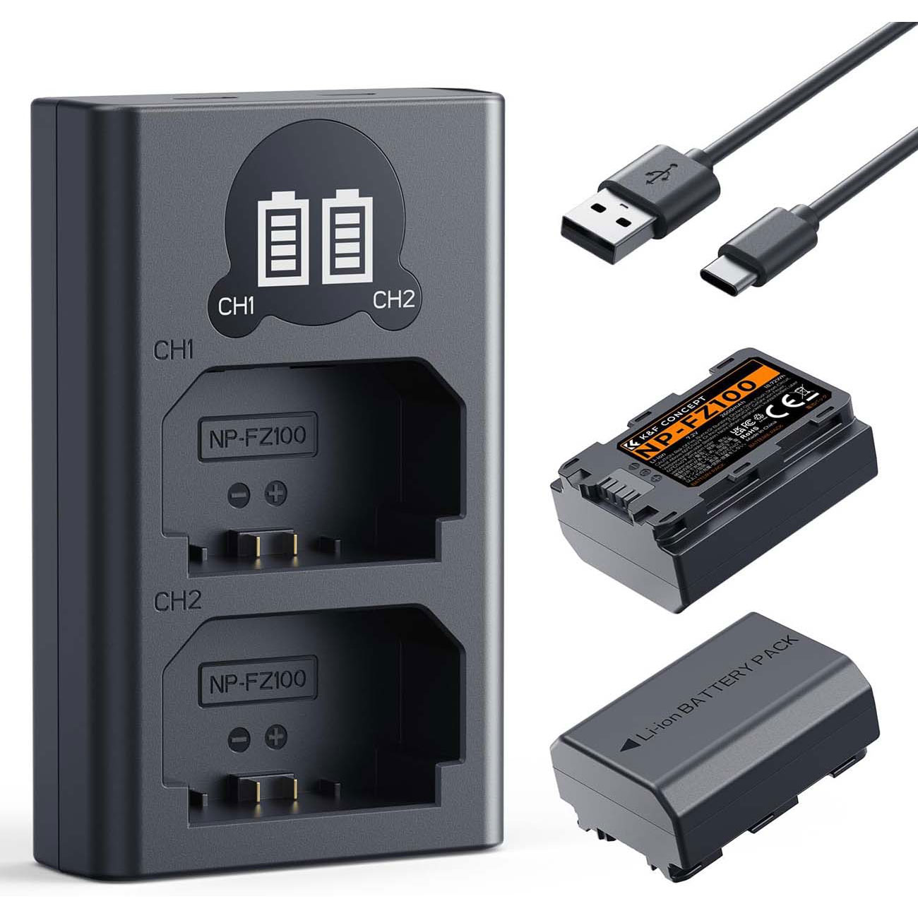 نمای روبه رو باتری و شارژر کی اند اف K&F CONCEPT NP-FZ100 2600mAh Battery and Dual-Slot LCD Charger 