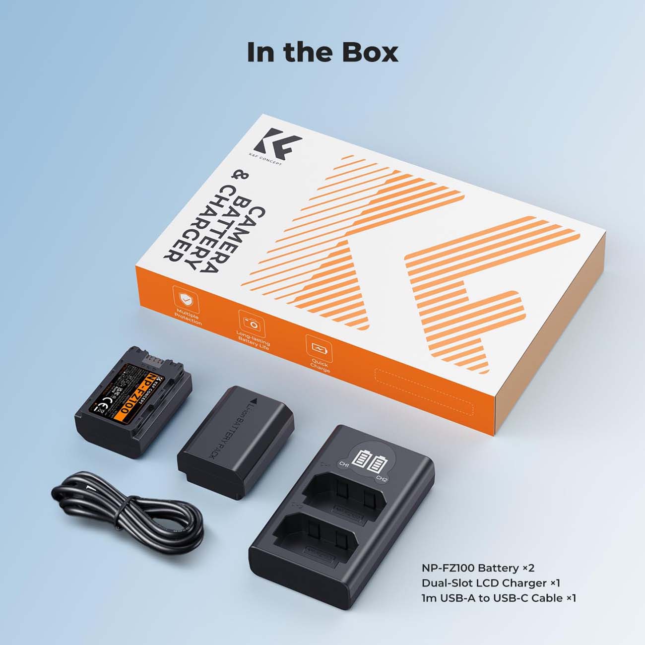 نمای اقلام باتری و شارژر کی اند اف K&F CONCEPT NP-FZ100 2600mAh Battery and Dual-Slot LCD Charger Se