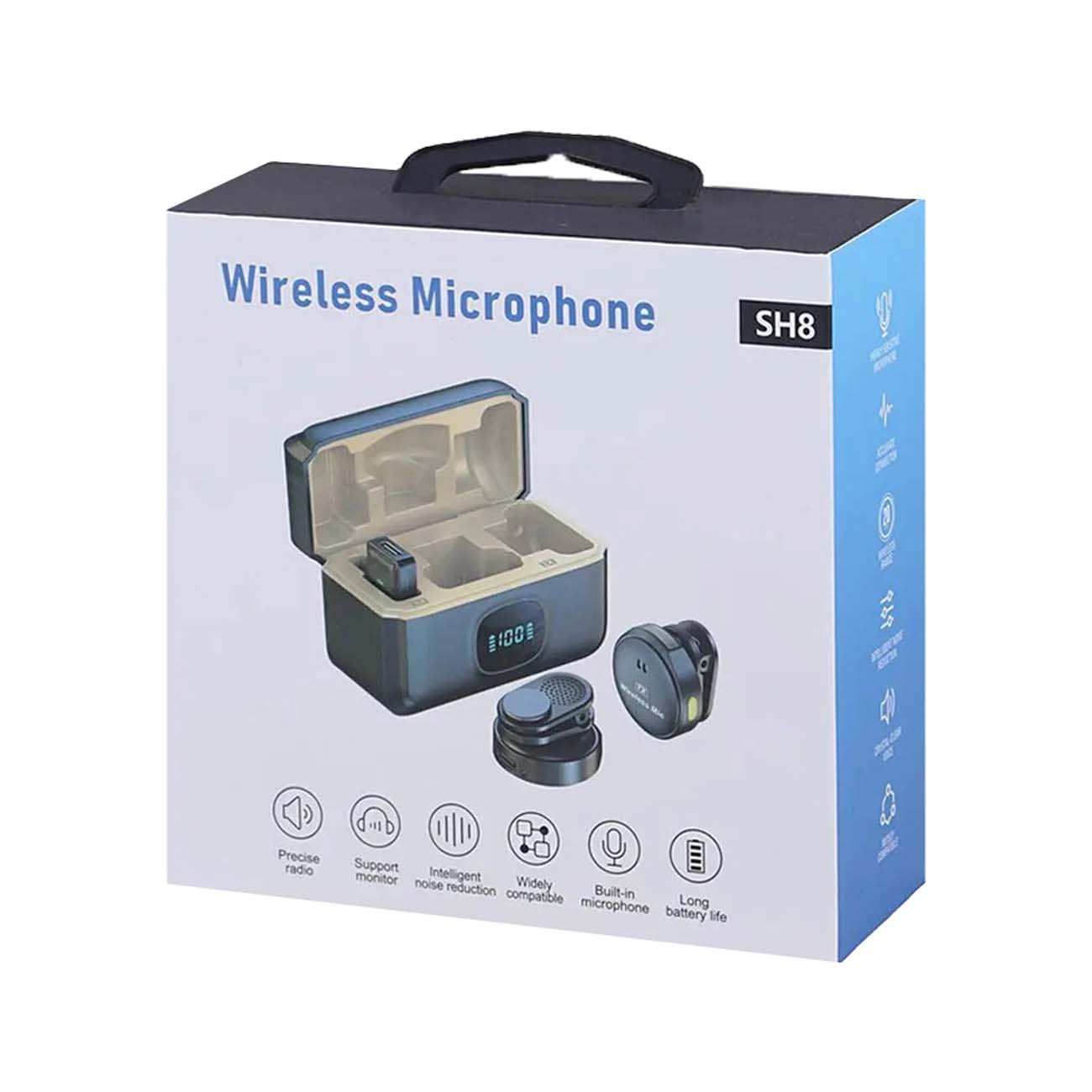 نمای جعبه میکروفون بی‌سیم یقه‌ای SH8 Dual Wireless Microphone