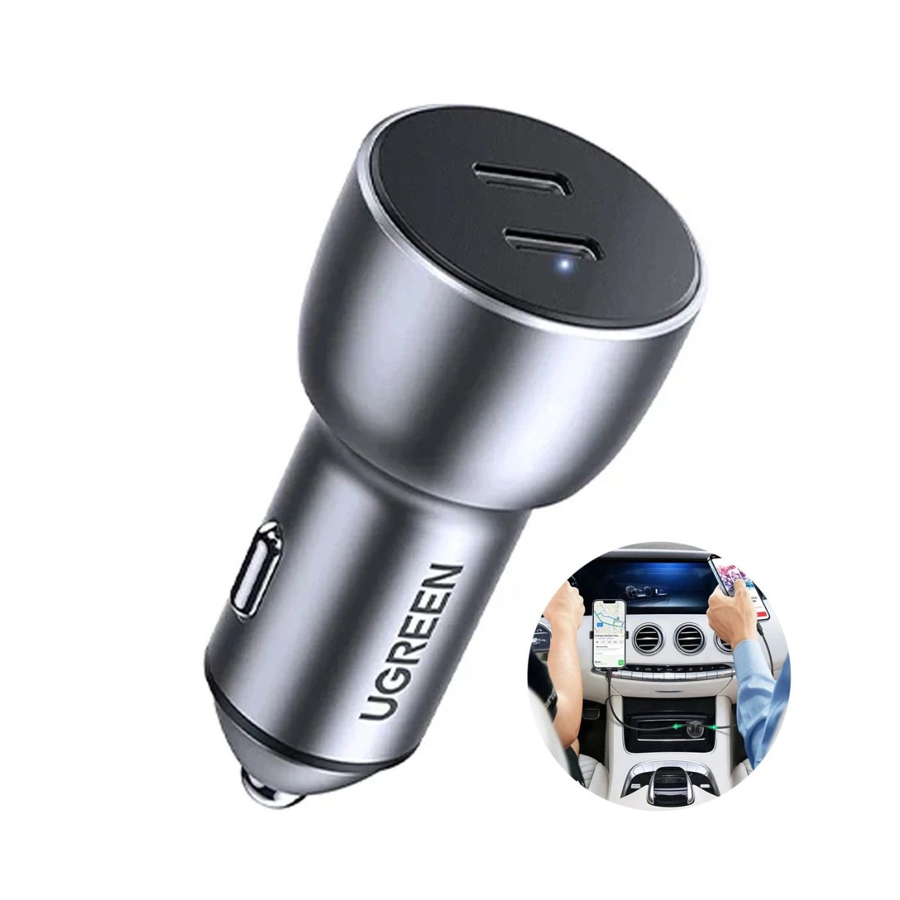نما نصب 2 گوشی شارژر فندکی ۶۰ وات یوگرین UGREEN CD213 60W Dual USB-C PD Car Charger