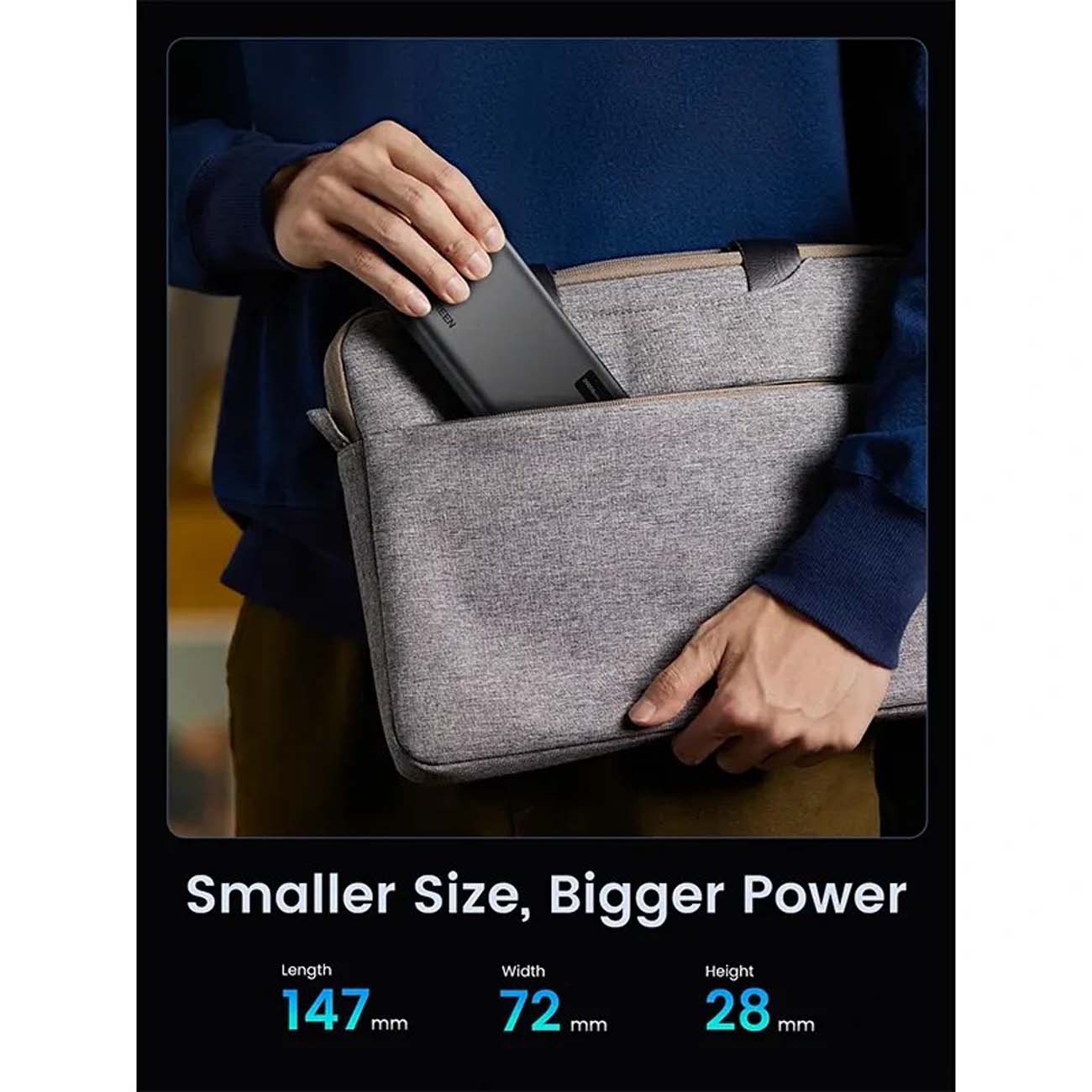 نمای اندازه پاوربانک یوگرین UGREEN PB312 20000mAh 20W Power Bank