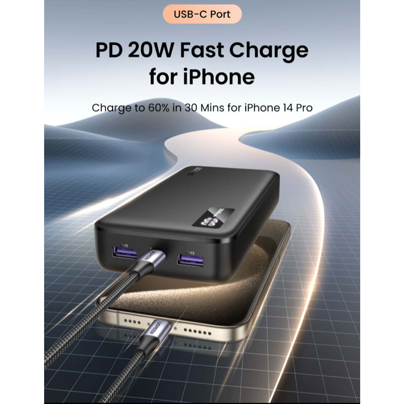 نمای کاربردی از پاوربانک یوگرین UGREEN PB312 20000mAh 20W Power Bank