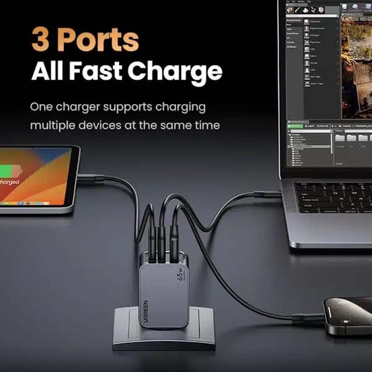 نمای کاربردی شارژر دیواری یوگرین UGREEN Nexode Pro 65W X755 3-Port USB-C GaN Charger