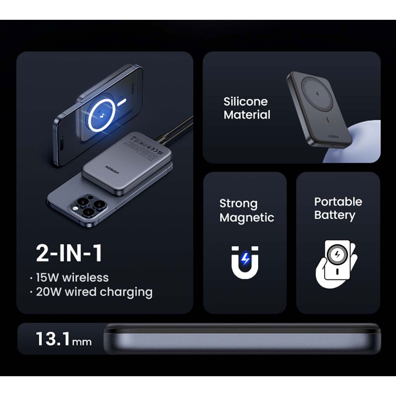 نمای کاربردی پاوربانک مغناطیسی یوگرین UGREEN PB560 5000mAh Wireless Magnetic Power Bank