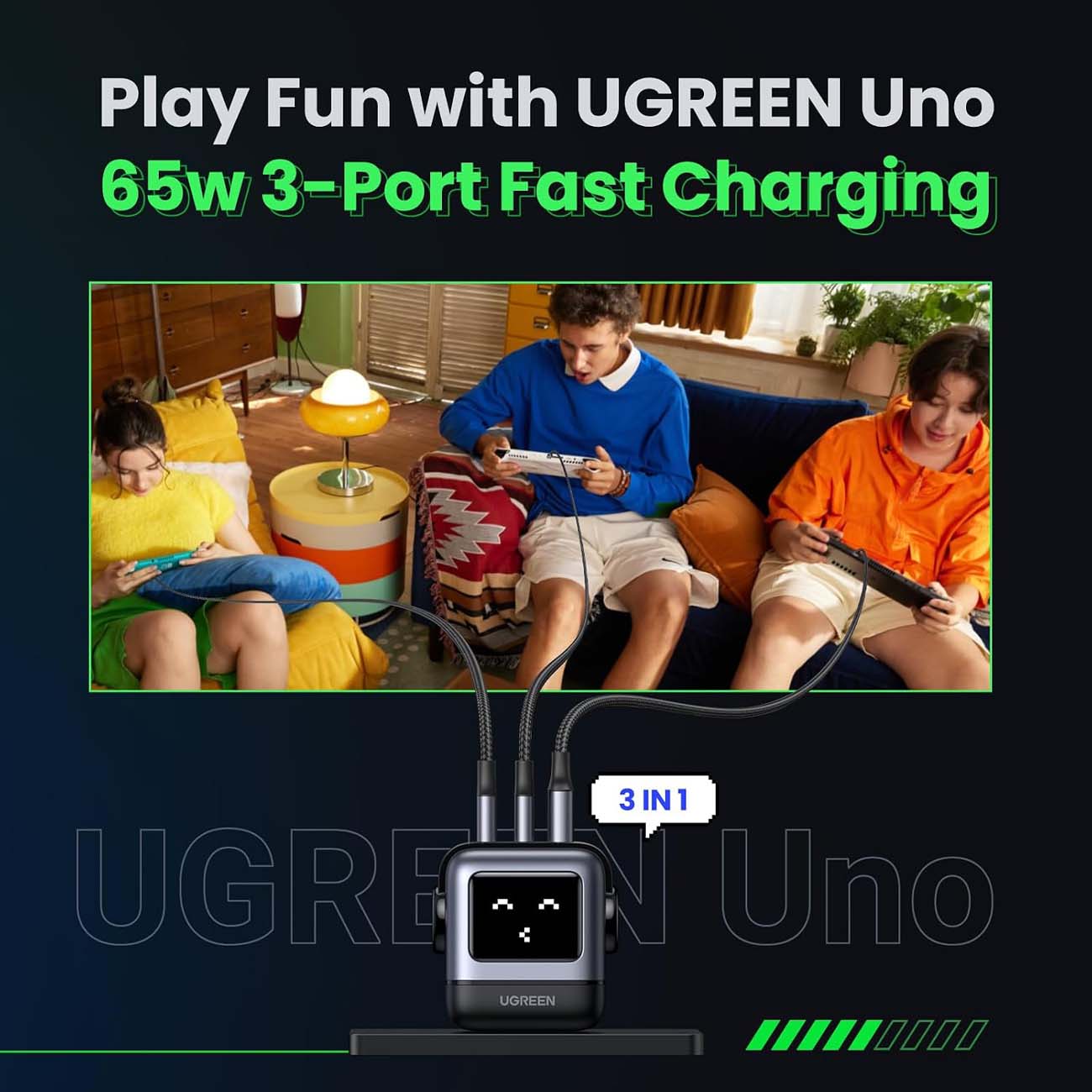 نمای کاربردی شارژر دیواری UGREEN CD361 Nexode RG 65W Robot GaN Wall Charger