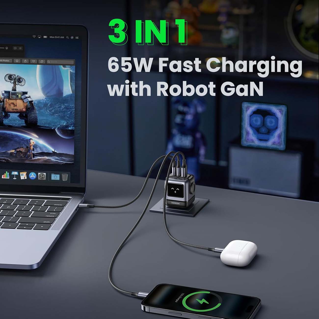 نمای کاربردی شارژر قابل‌حمل یوگرین UGREEN CD361 Nexode RG 65W Robot GaN Wall Charger