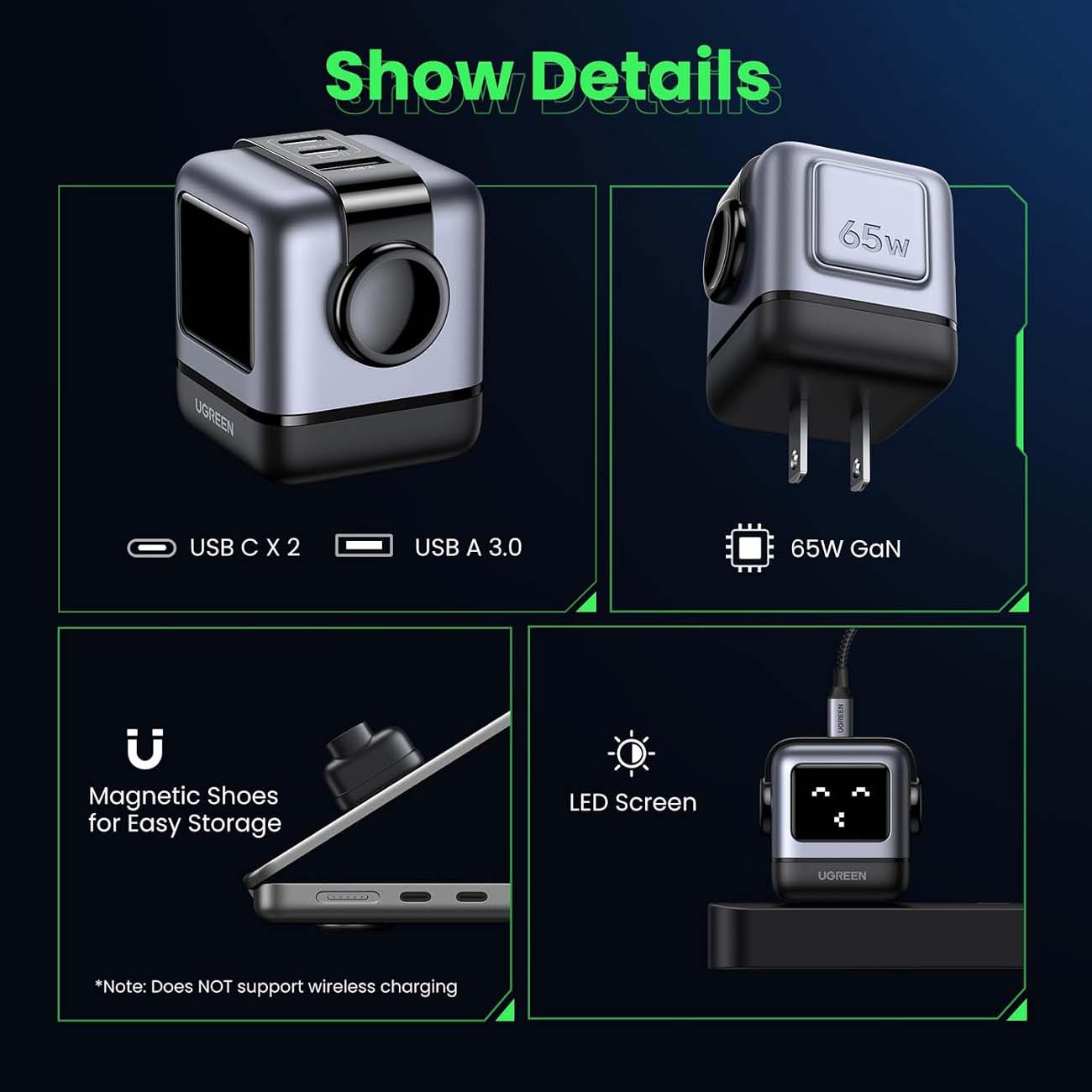 نمای کاربردی شارژر دیواری یوگرین UGREEN CD361 Nexode RG 65W Robot GaN Wall Charger