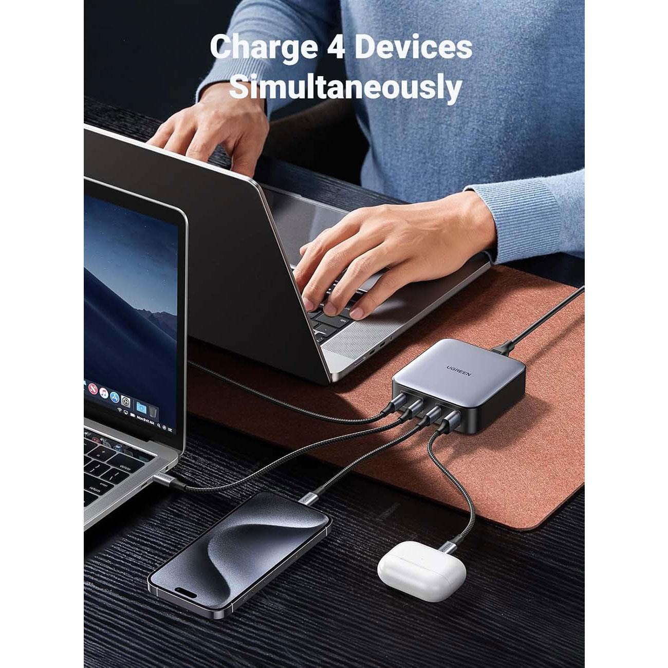 نمای کاربردی از شارژر رومیزی یوگرین UGREEN CD328 Nexode 100W GaN Desktop Charger