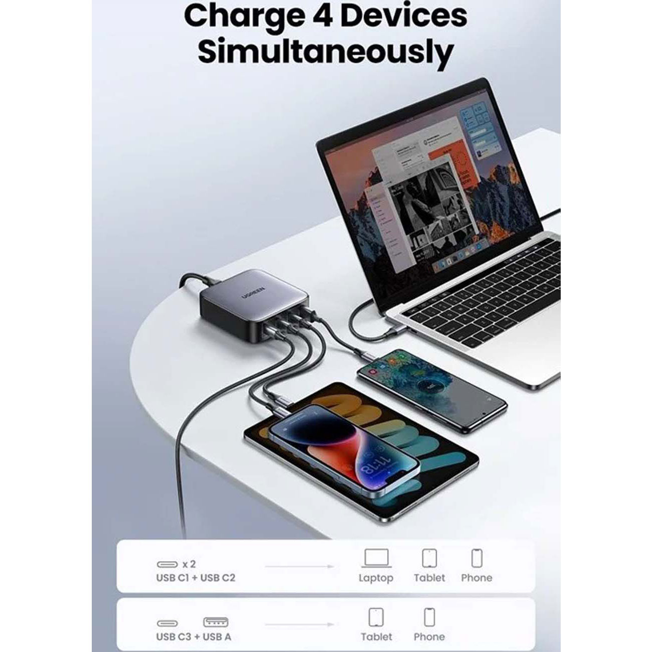 نمای کاربردی شارژر رومیزی یوگرین UGREEN CD328 Nexode 100W GaN Desktop Charger