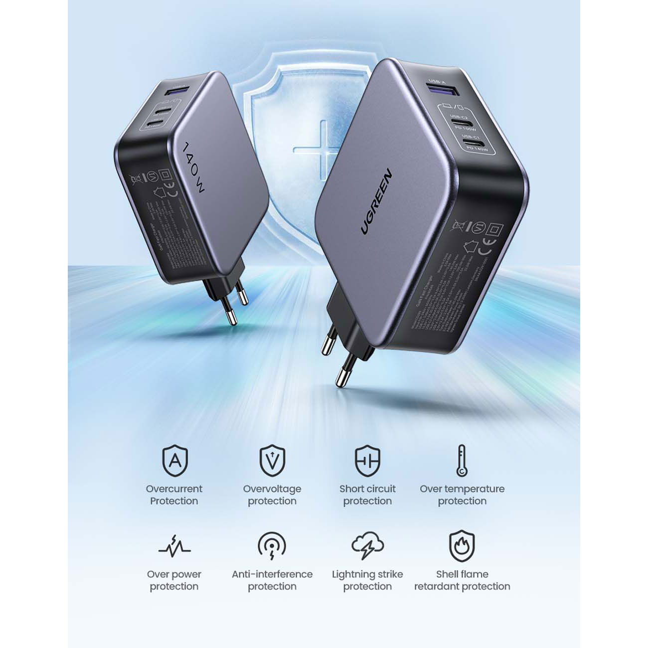 نمای توضیحات شارژر دیواری یوگرین UGREEN Nexode CD289 140W 3-Port GaN Fast Charger