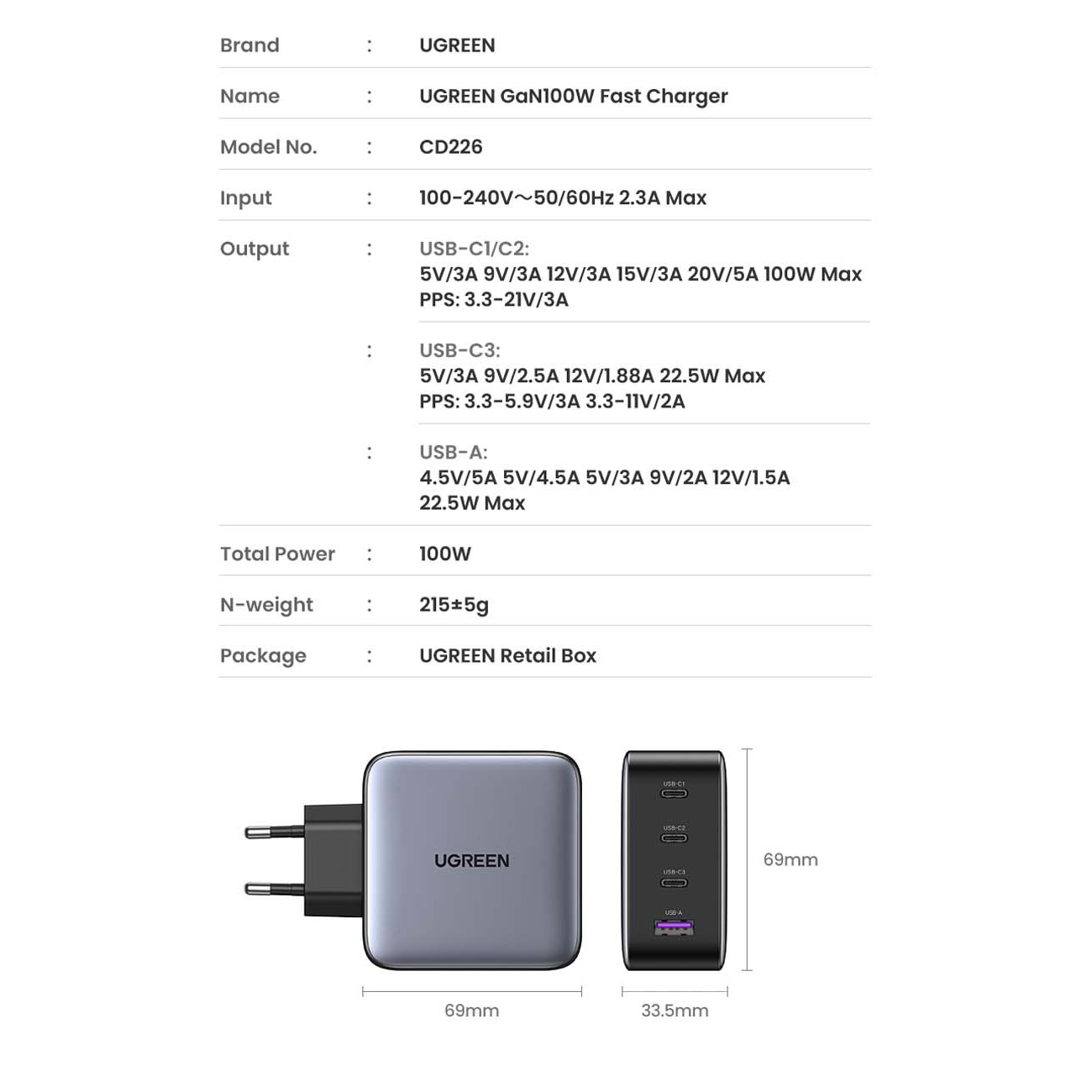نمای توضیحات شارژر چند پورت یوگرین UGREEN Nexode CD226 100W GaN Fast Charger