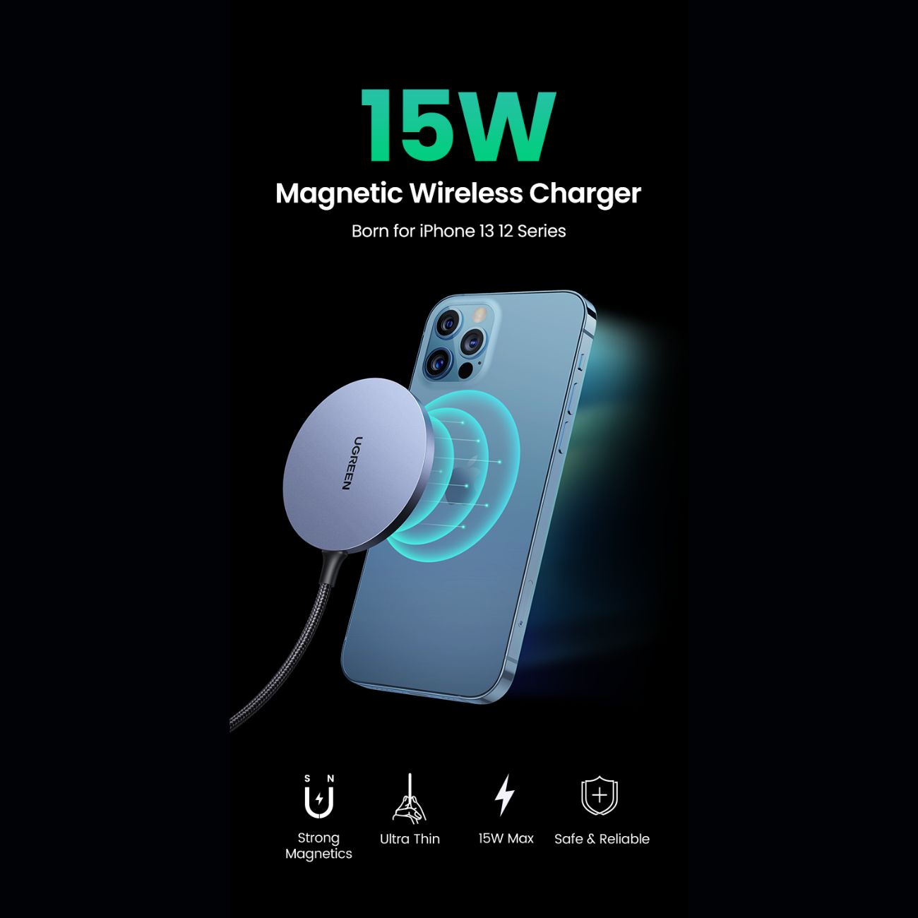 نما در حال استفاده شارژر وایرلس مغناطیسی یوگرین UGREEN CD245 15W Magnetic Wireless Charger