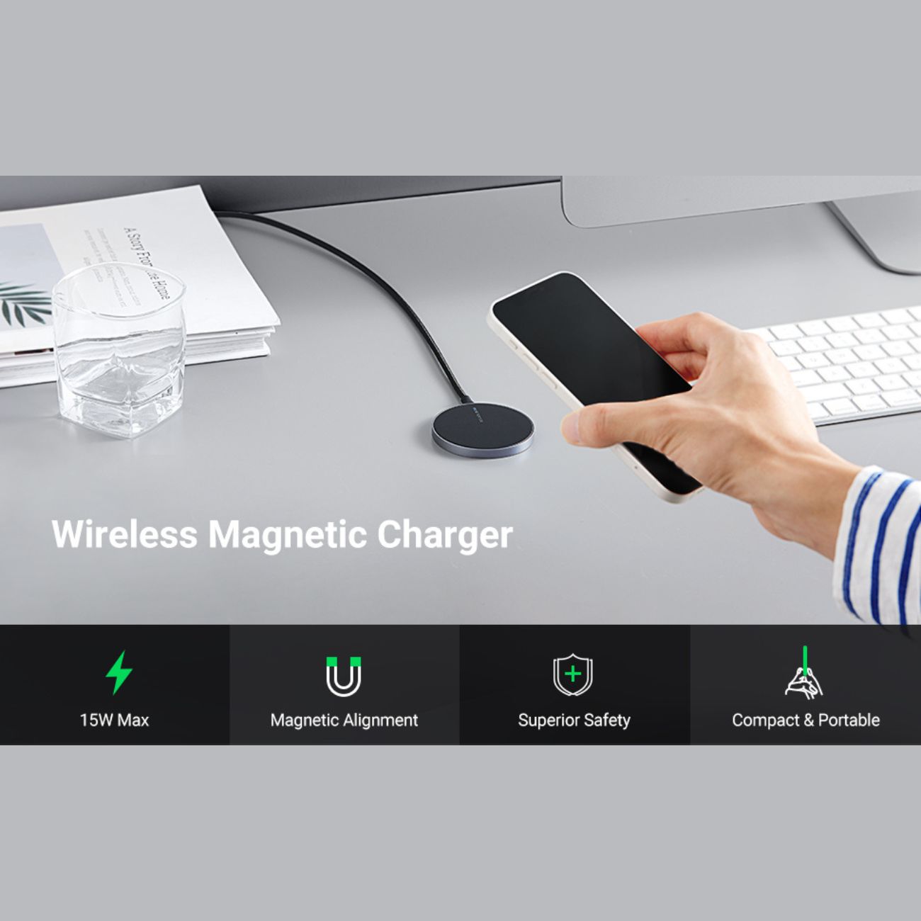 نما از بالا شارژر وایرلس مغناطیسی یوگرین UGREEN CD245 15W Magnetic Wireless Charger
