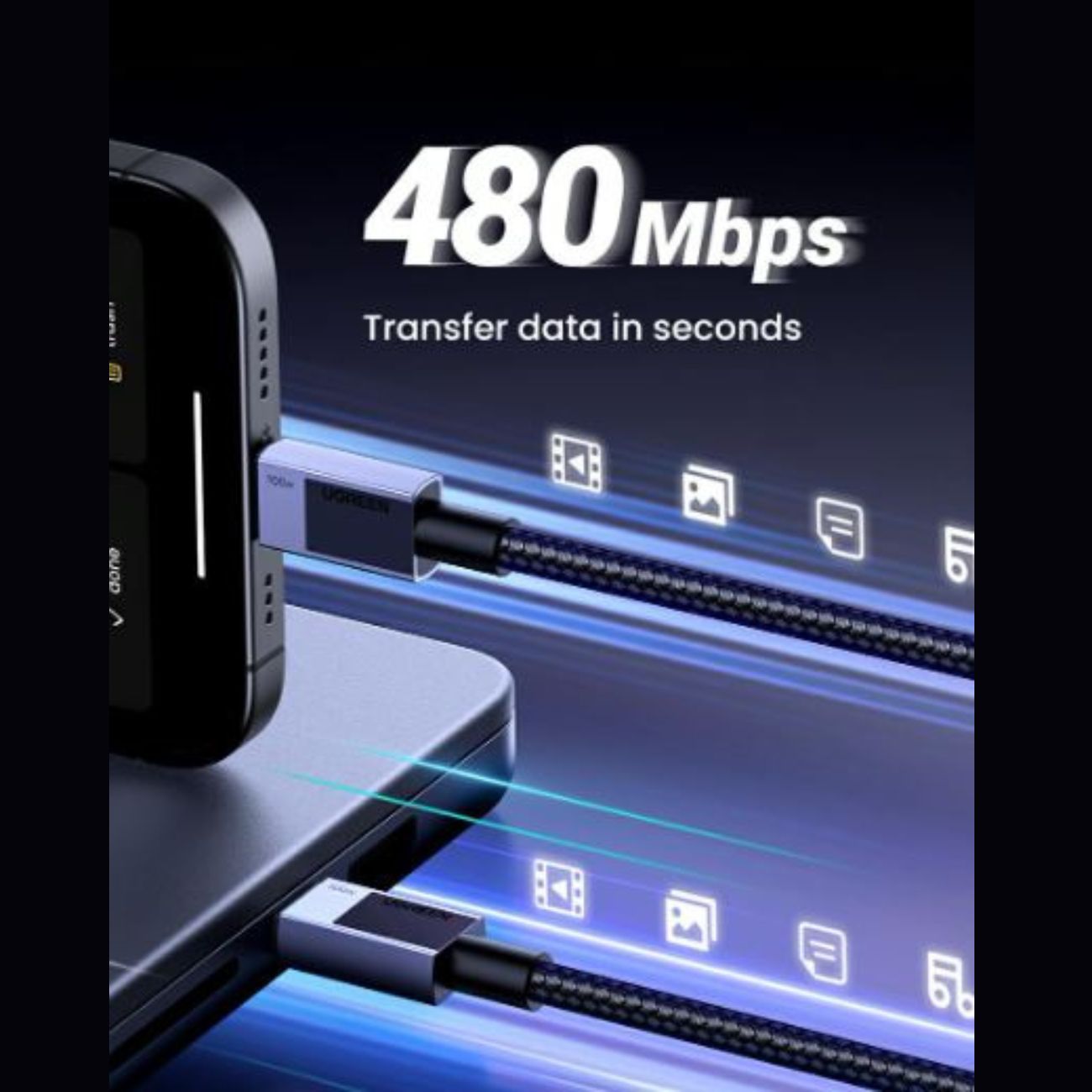نما از پایین کابل تبدیل یوگرین UGREEN USB-C to USB-C 100W PD 1m L512 Cable