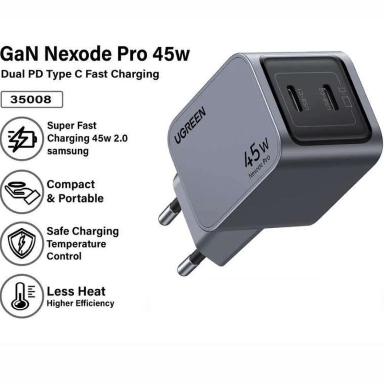 نما از بالا شارژر دیواری یوگرین Ugreen 45W Dual USB-C  X707 GaN Fast Charger