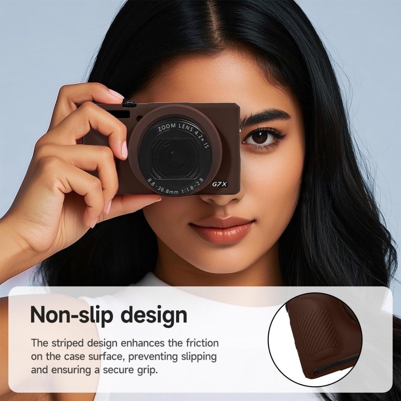 نمای کاربردی کاور سیلیکونی دوربین قهوه ای Silicone Camera Case for Canon G7 X Mark III