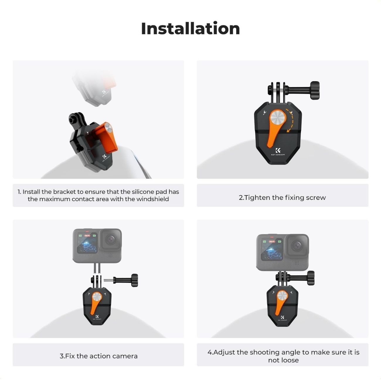 نمای توضیحات گیره نصب دوربین اکشن K&F CONCEPT Motorcycle Windshield Clip Mount for Action Camera