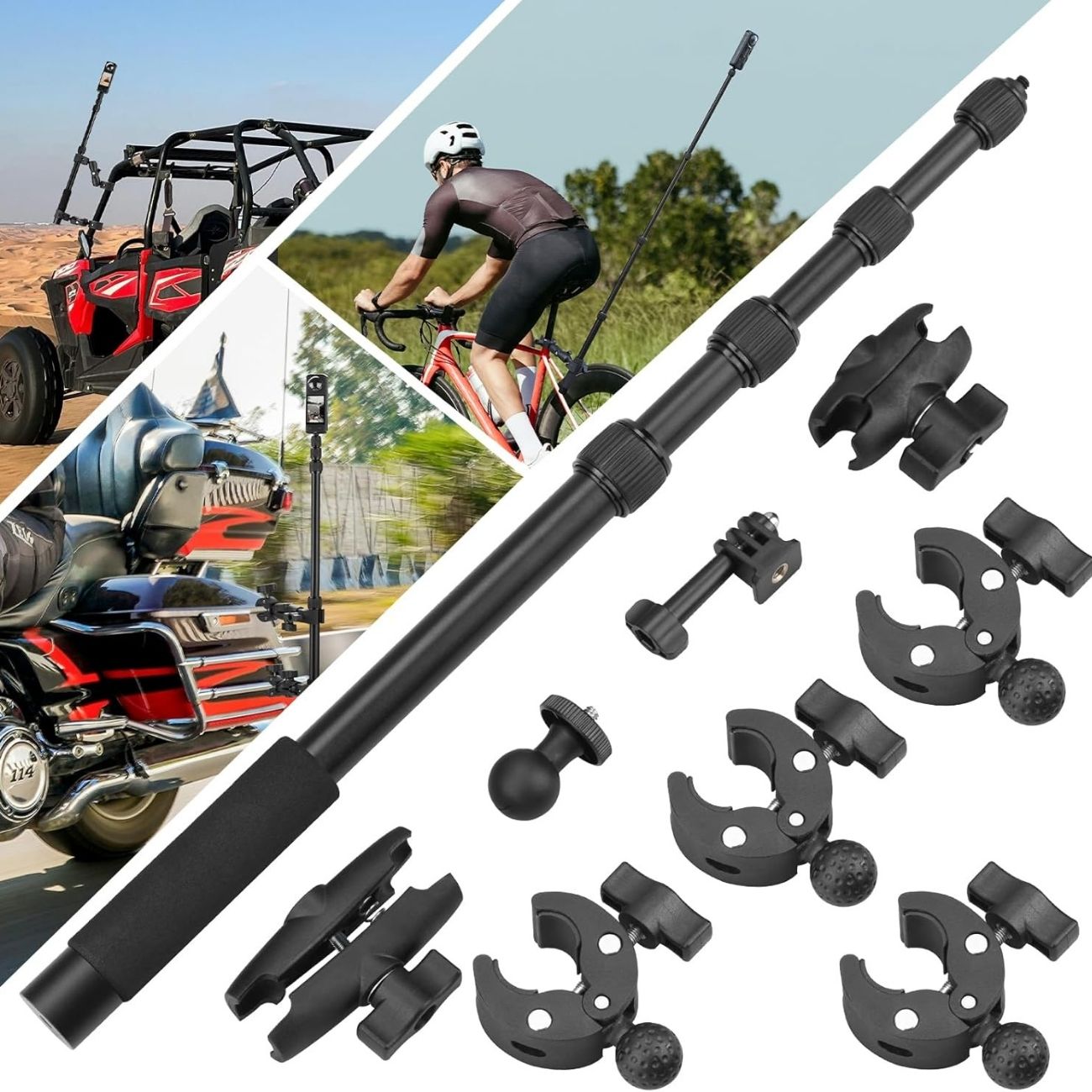 نمای کاربردی پایه نگهدارنده دوربین‌ اکشن BRDRC Motorcycle Mount & Invisible Selfie Stick Kit for Ins