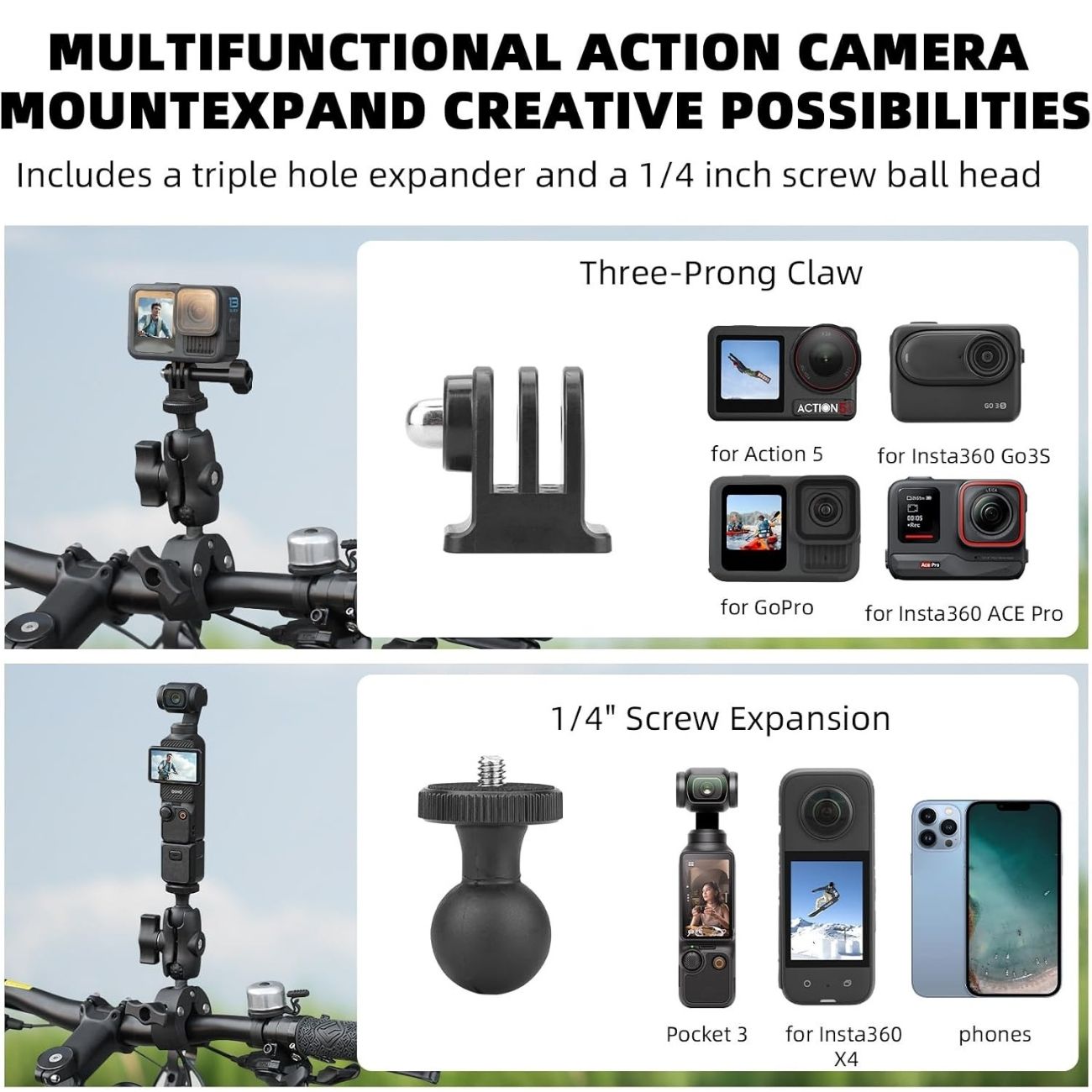 نمای کاربردی پایه نگهدارنده دوربین‌ اکشن BRDRC Motorcycle Mount & Invisible Selfie Stick Kit for Ins