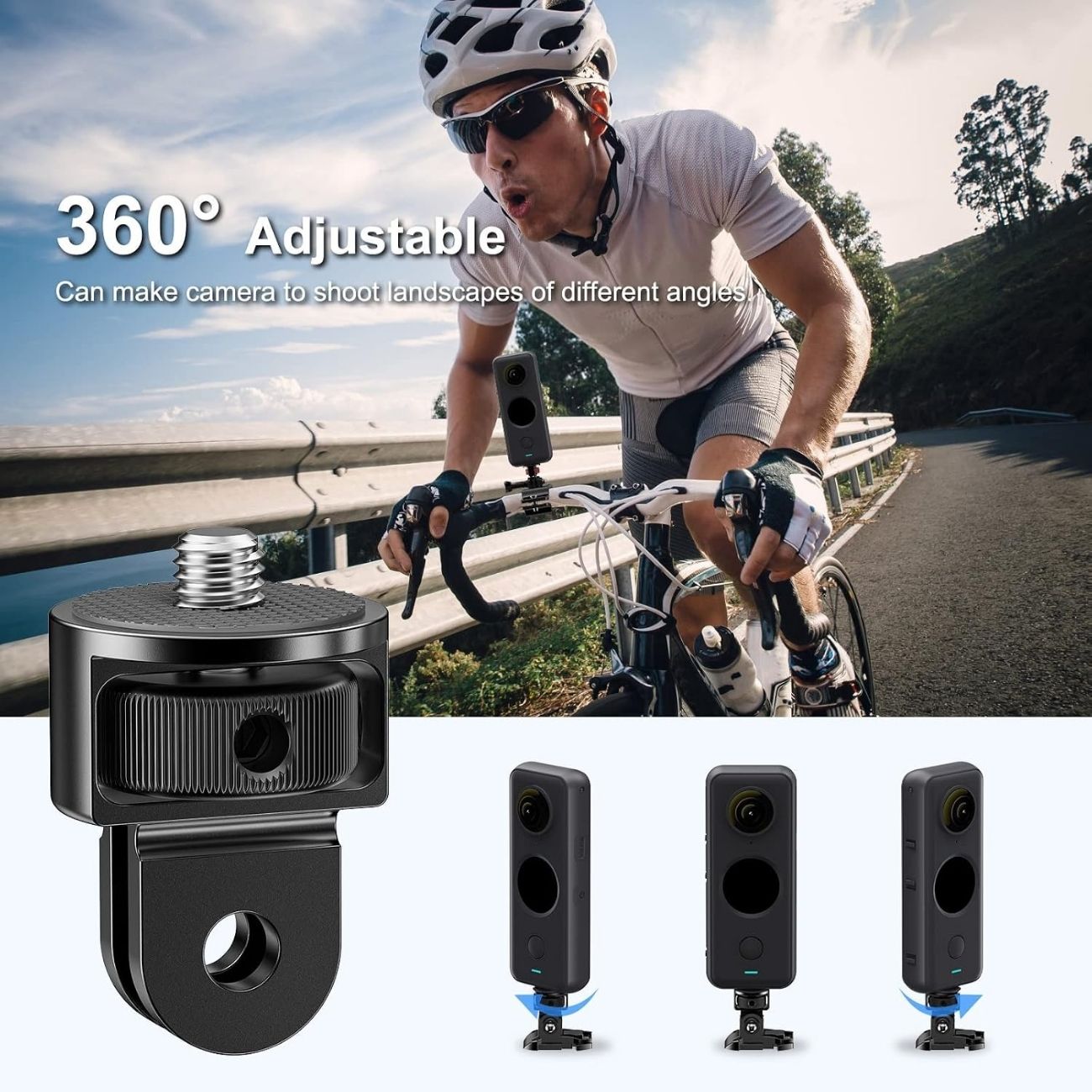 نمای نصب شده آداپتور تبدیل پایه دوربین اکشن eWINNER 2PCS Camera Tripod Mount Adapter 360° with 1/4-2