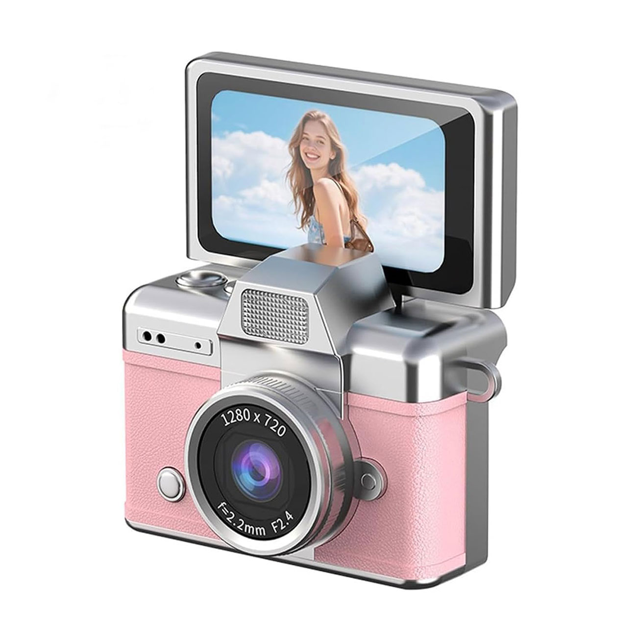 نمای جانبی دوربین دیجیتال مینی صورتی Vintage Compact Keychain Display Mini Digital Camera
