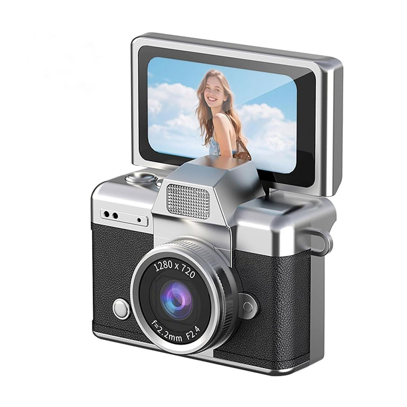 نمای جانبی دوربین دیجیتال مینی مشکی Vintage Compact Keychain Display Mini Digital Camera