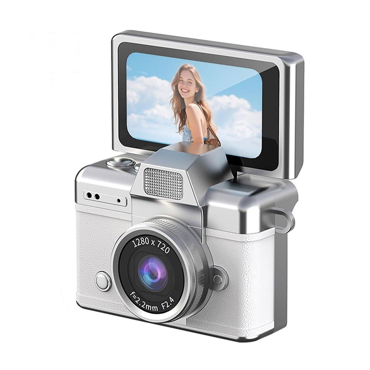 نمای جانبی دوربین دیجیتال مینی نقره ای Vintage Compact Keychain Display Mini Digital Camera