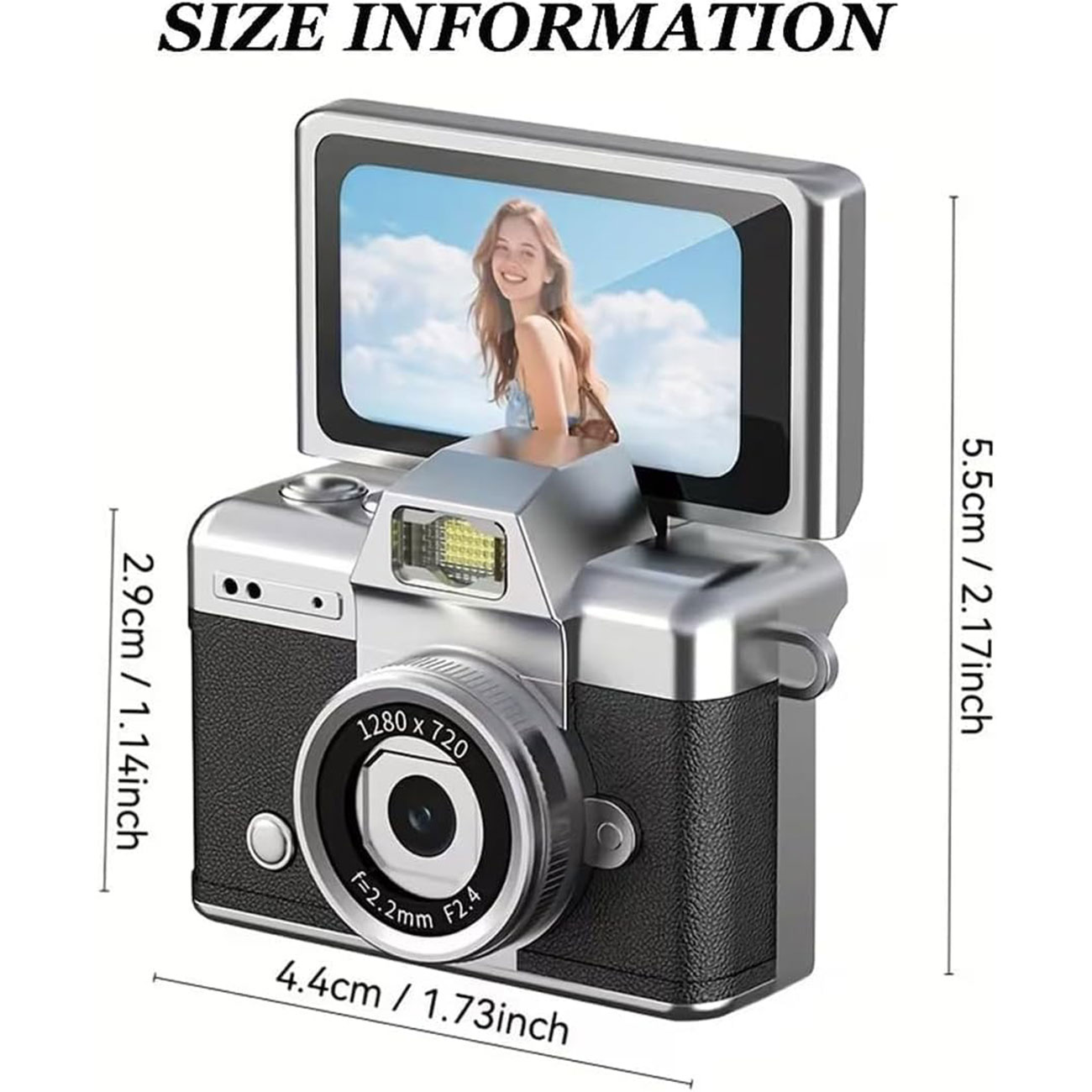 نمای ابعاد دوربین دیجیتال مینی Vintage Compact Keychain Display Mini Digital Camera