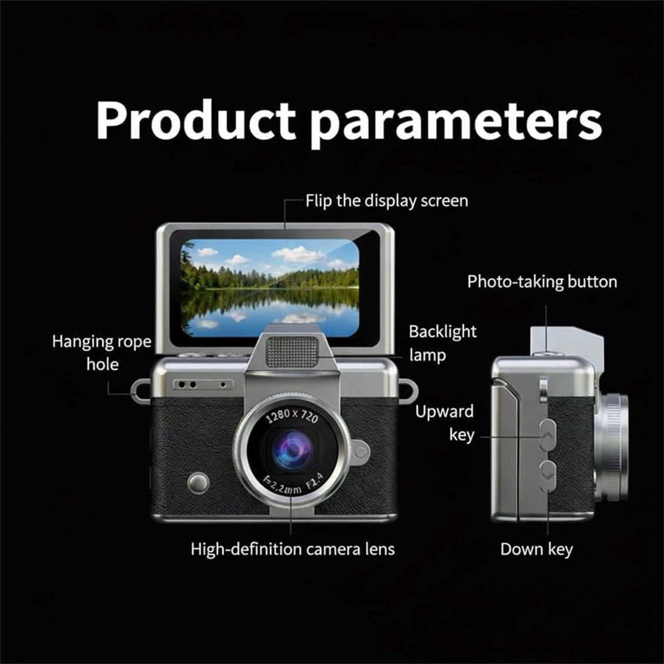 نمای توضیحات دوربین دیجیتال مینی Vintage Compact Keychain Display Mini Digital Camera